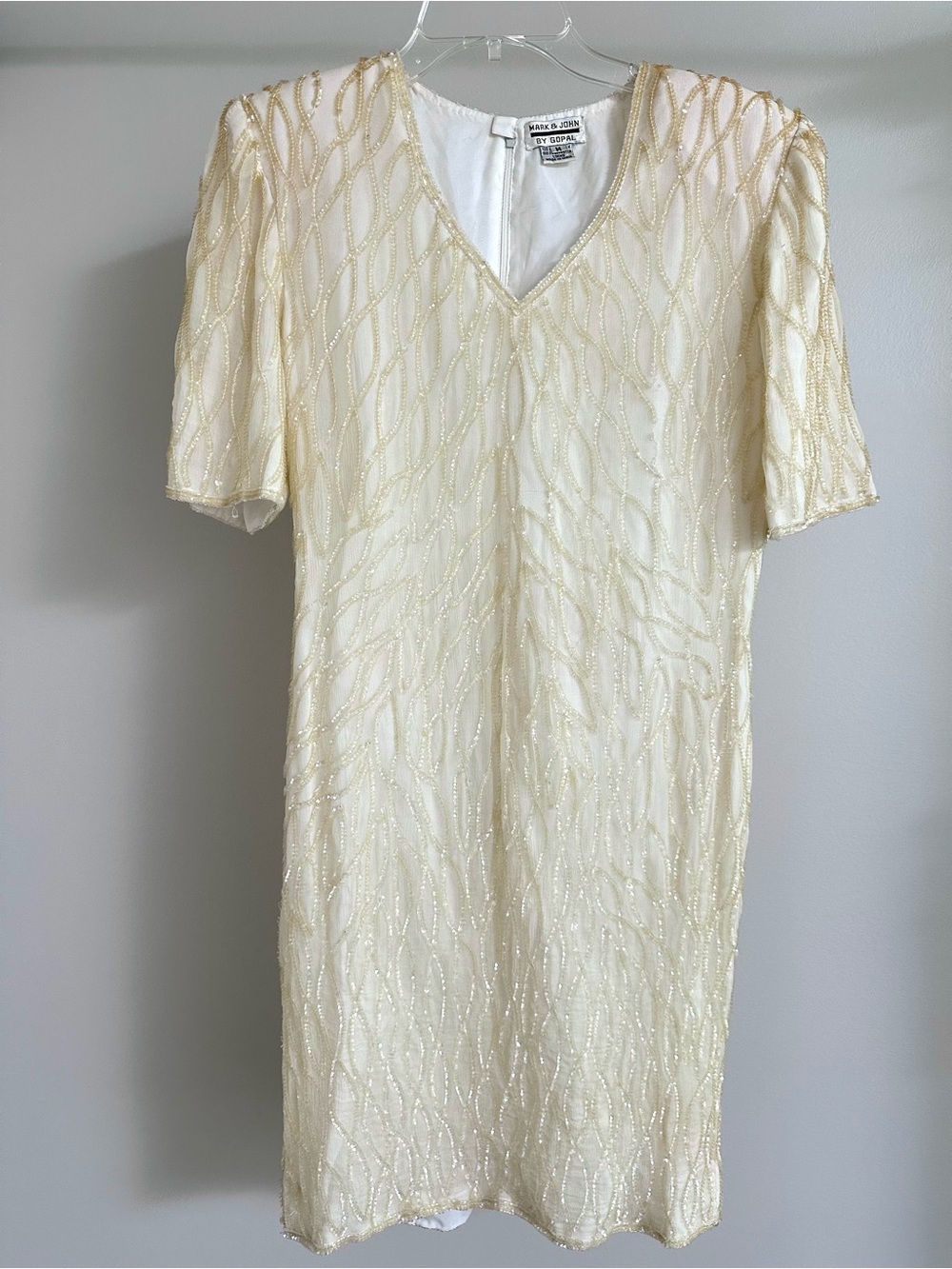 Vintage glamour 80s Mark and John by Gopal Iridescent Sequin Cream V-Neck Dress